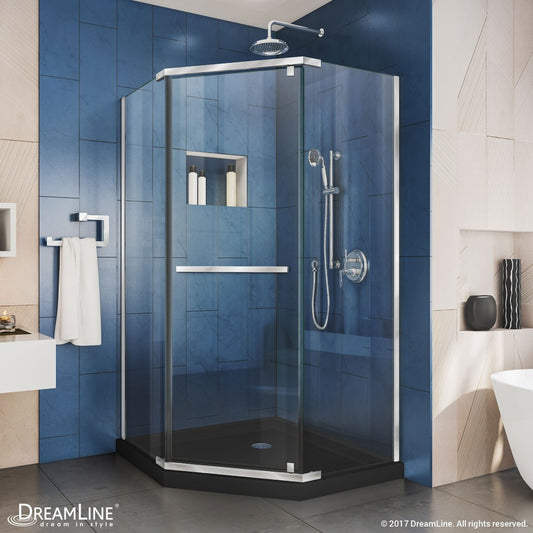 Prism 42 in. x 74 3/4 in. Frameless Neo-Angle Pivot Shower Enclosure in Chrome with Black Base Kit