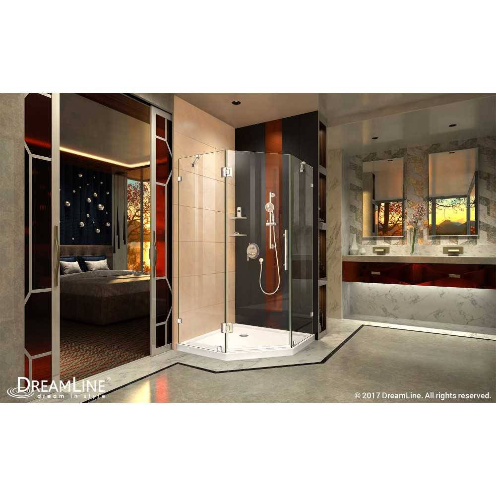 Prism Lux 38 in. x 74 3/4 in. Fully Frameless Neo-Angle Shower Enclosure in Chrome with White Base