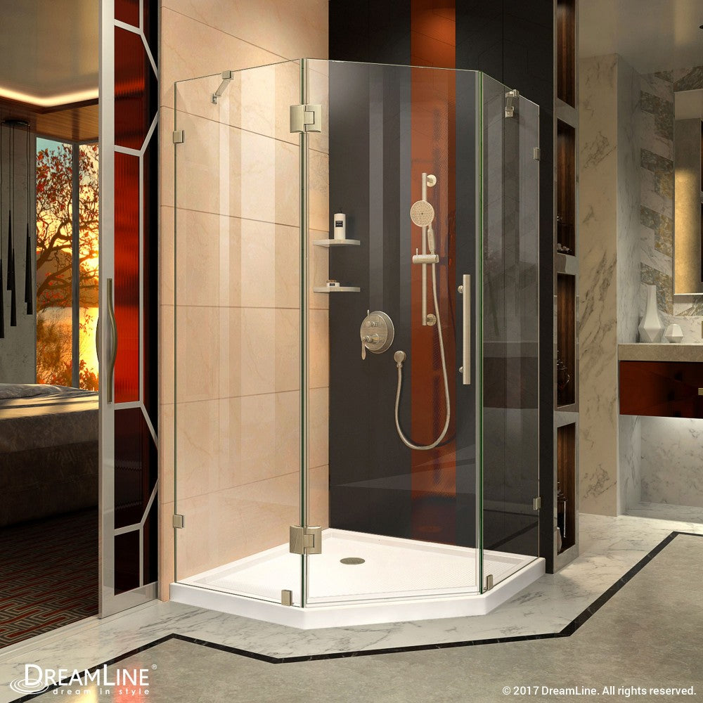 Prism Lux 42 in. x 74 3/4 in. Fully Frameless Neo-Angle Shower Enclosure in Brushed Nickel with White Base