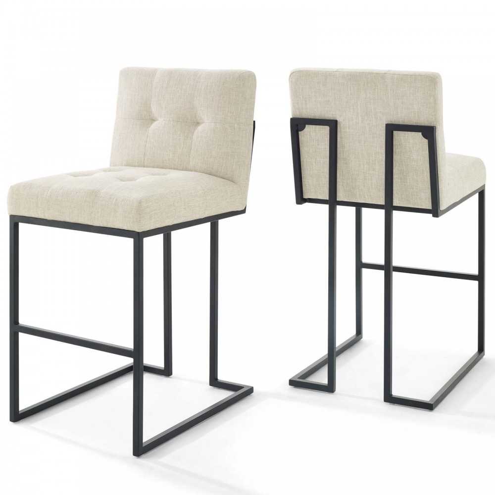 Privy Black Stainless Steel Upholstered Fabric Bar Stool Set of 2, Black Beige