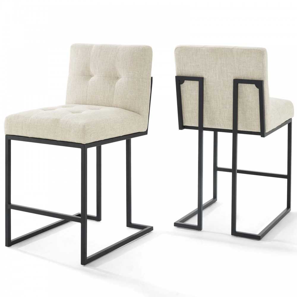 Privy Black Stainless Steel Upholstered Fabric Counter Stool Set of 2, Black Beige