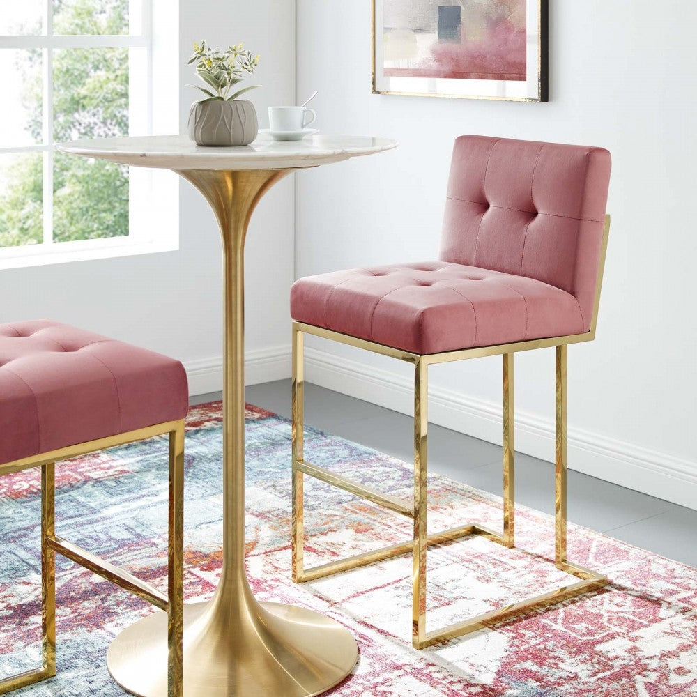 Privy Gold Stainless Steel Performance Velvet Bar Stool, Gold Dusty Rose