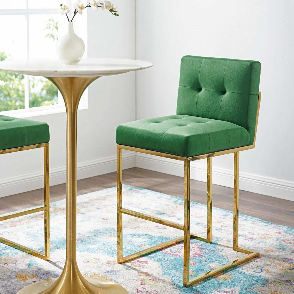 Privy Gold Stainless Steel Performance Velvet Bar Stool, Gold Emerald