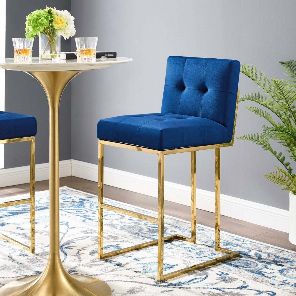 Privy Gold Stainless Steel Performance Velvet Bar Stool, Gold Navy