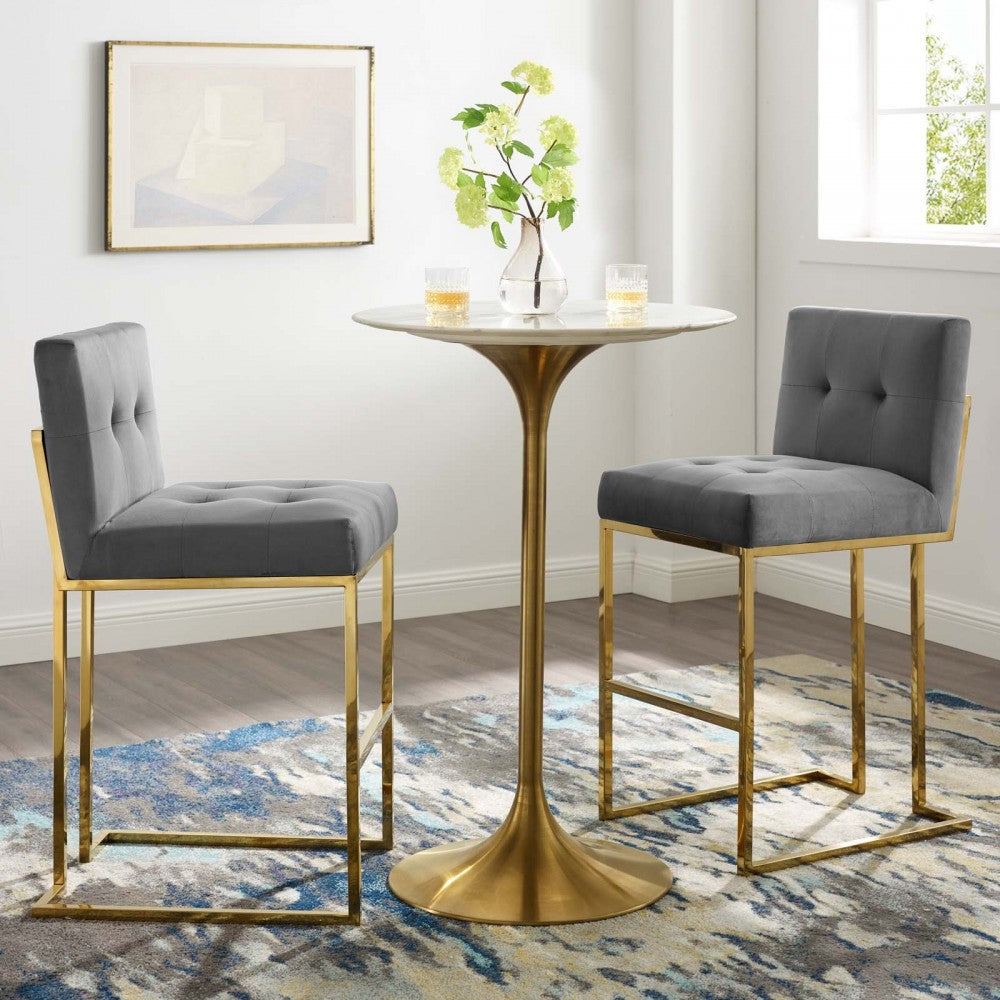 Privy Gold Stainless Steel Performance Velvet Bar Stool Set of 2, Gold Charcoal