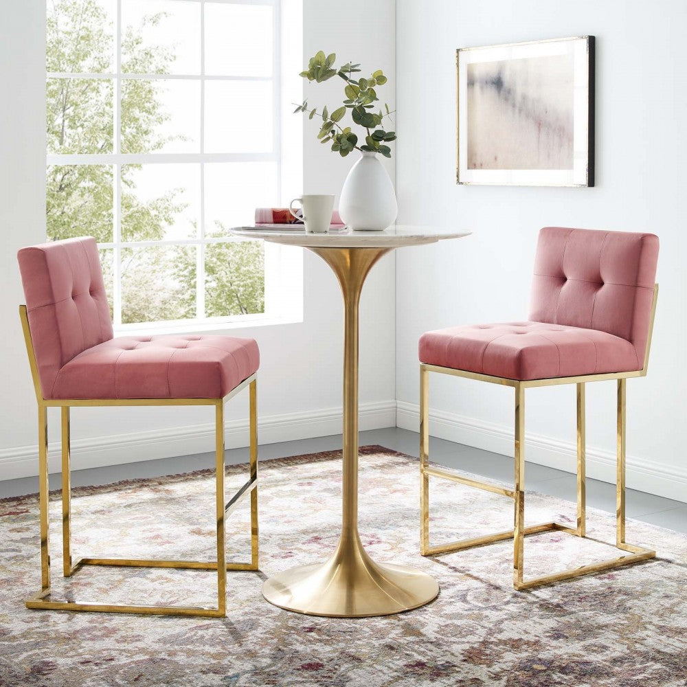 Privy Gold Stainless Steel Performance Velvet Bar Stool Set of 2, Gold Dusty Rose