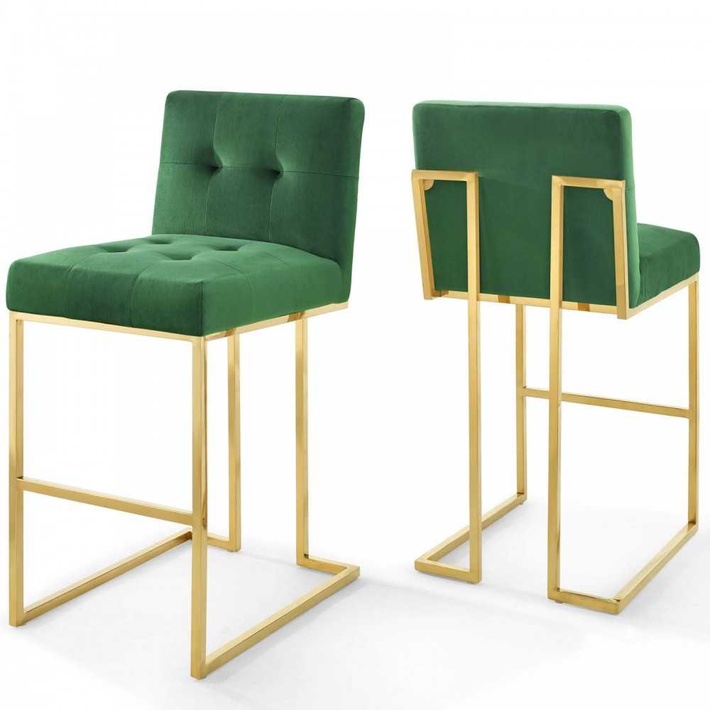 Privy Gold Stainless Steel Performance Velvet Bar Stool Set of 2, Gold Emerald