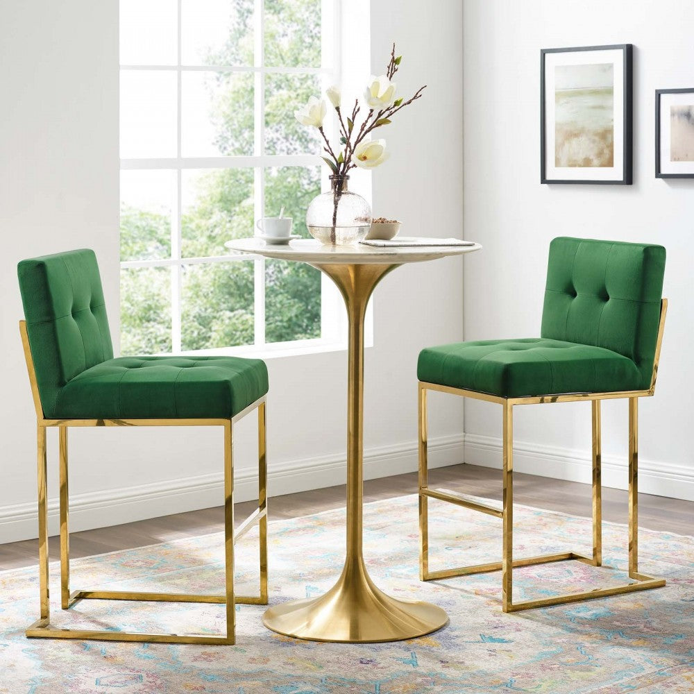 Privy Gold Stainless Steel Performance Velvet Bar Stool Set of 2, Gold Emerald