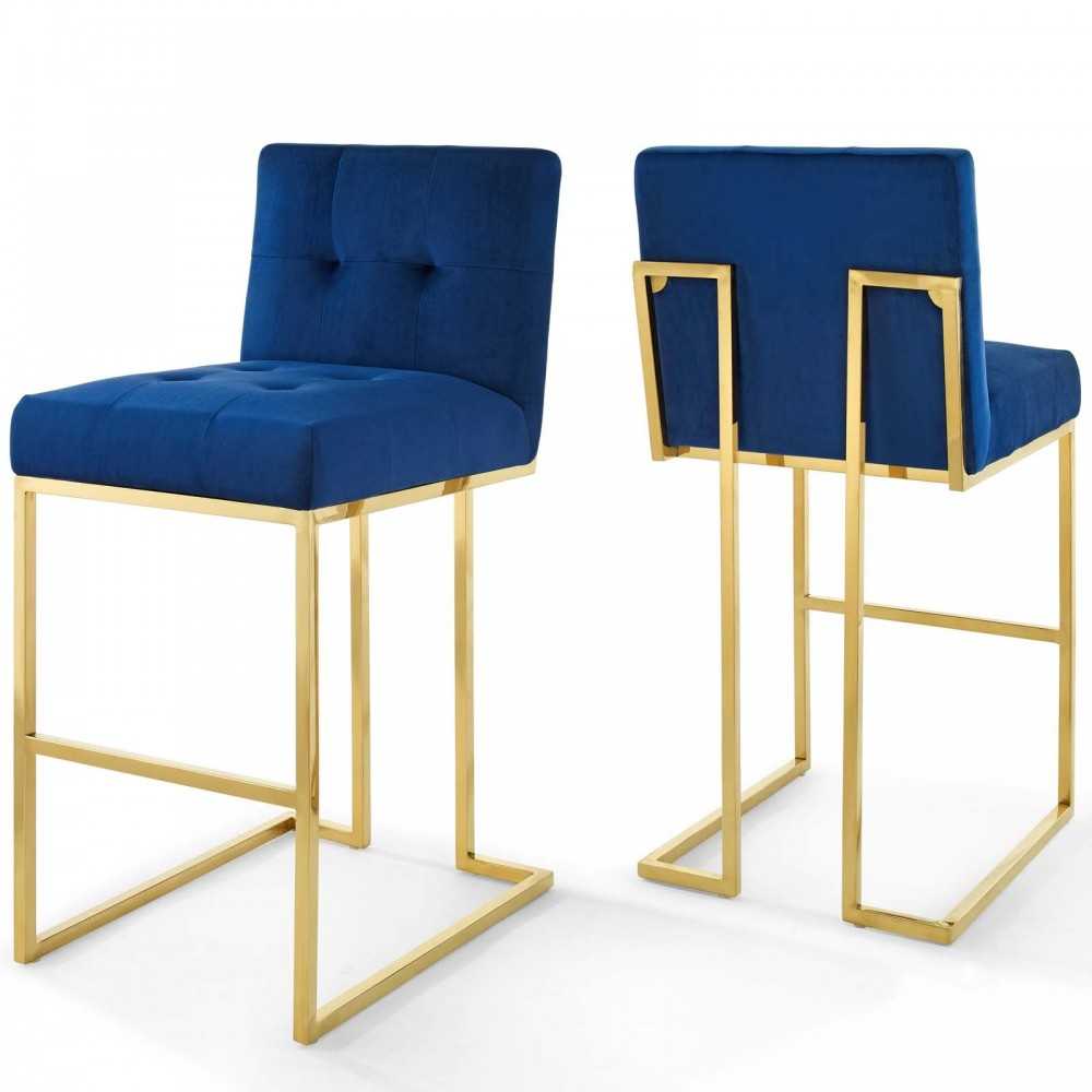 Privy Gold Stainless Steel Performance Velvet Bar Stool Set of 2, Gold Navy