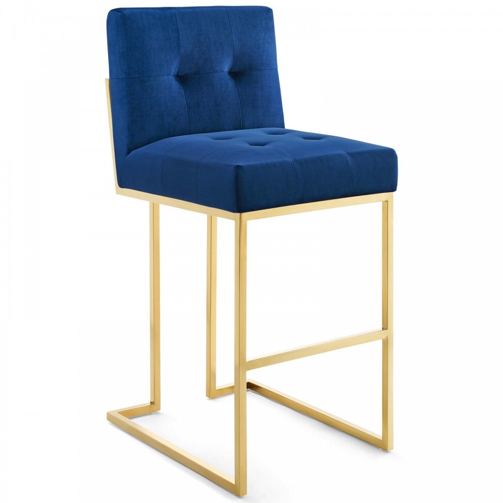 Privy Gold Stainless Steel Performance Velvet Bar Stool Set of 2, Gold Navy