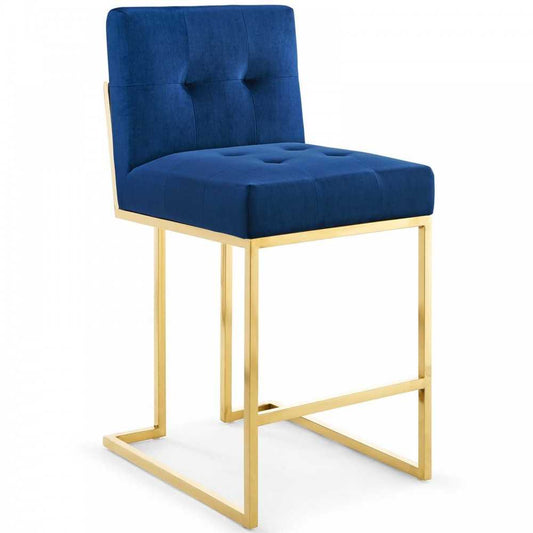 Privy Gold Stainless Steel Performance Velvet Counter Stool, Gold Navy