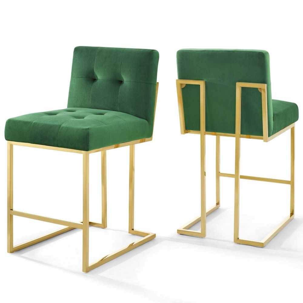 Privy Gold Stainless Steel Performance Velvet Counter Stool Set of 2, Gold Emerald