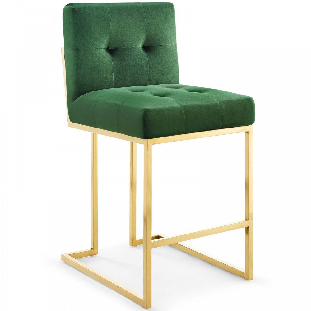 Privy Gold Stainless Steel Performance Velvet Counter Stool Set of 2, Gold Emerald