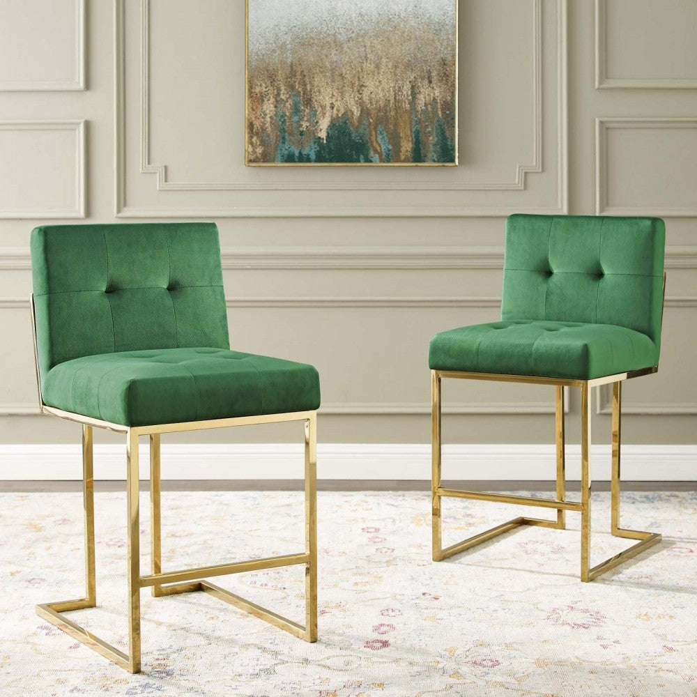 Privy Gold Stainless Steel Performance Velvet Counter Stool Set of 2, Gold Emerald