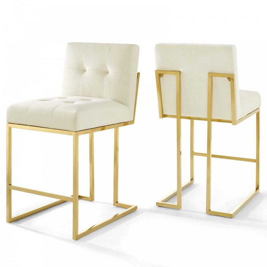 Privy Gold Stainless Steel Performance Velvet Counter Stool Set of 2, Gold Ivory