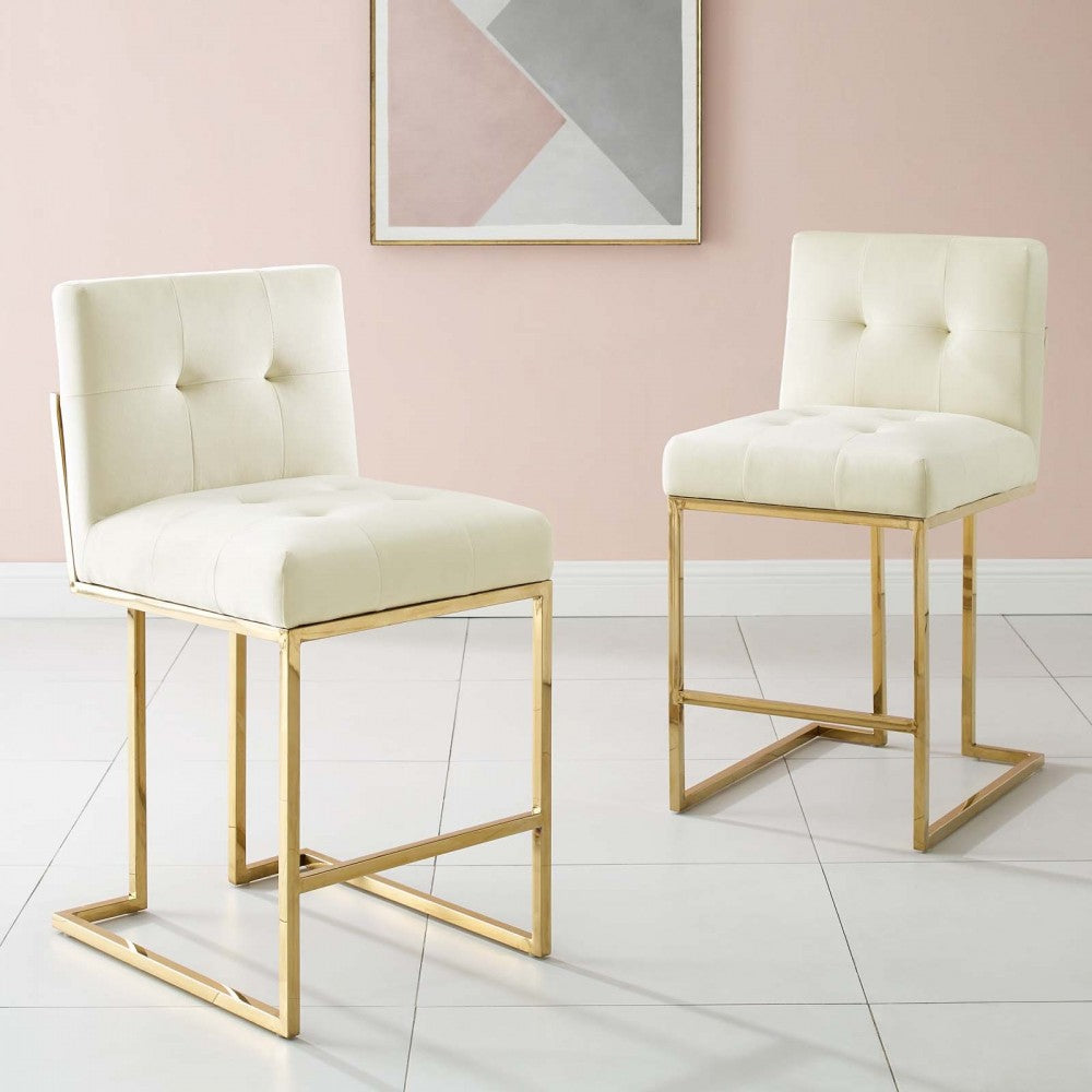 Privy Gold Stainless Steel Performance Velvet Counter Stool Set of 2, Gold Ivory