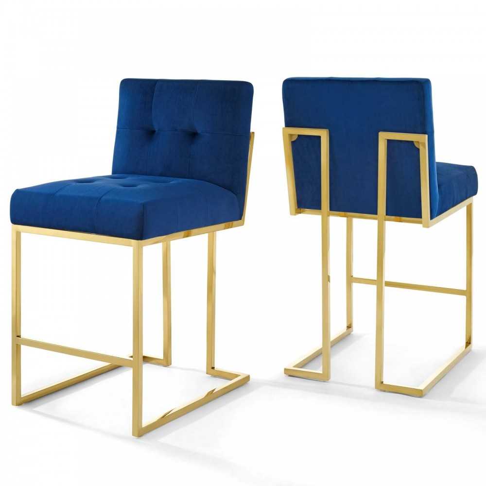 Privy Gold Stainless Steel Performance Velvet Counter Stool Set of 2, Gold Navy