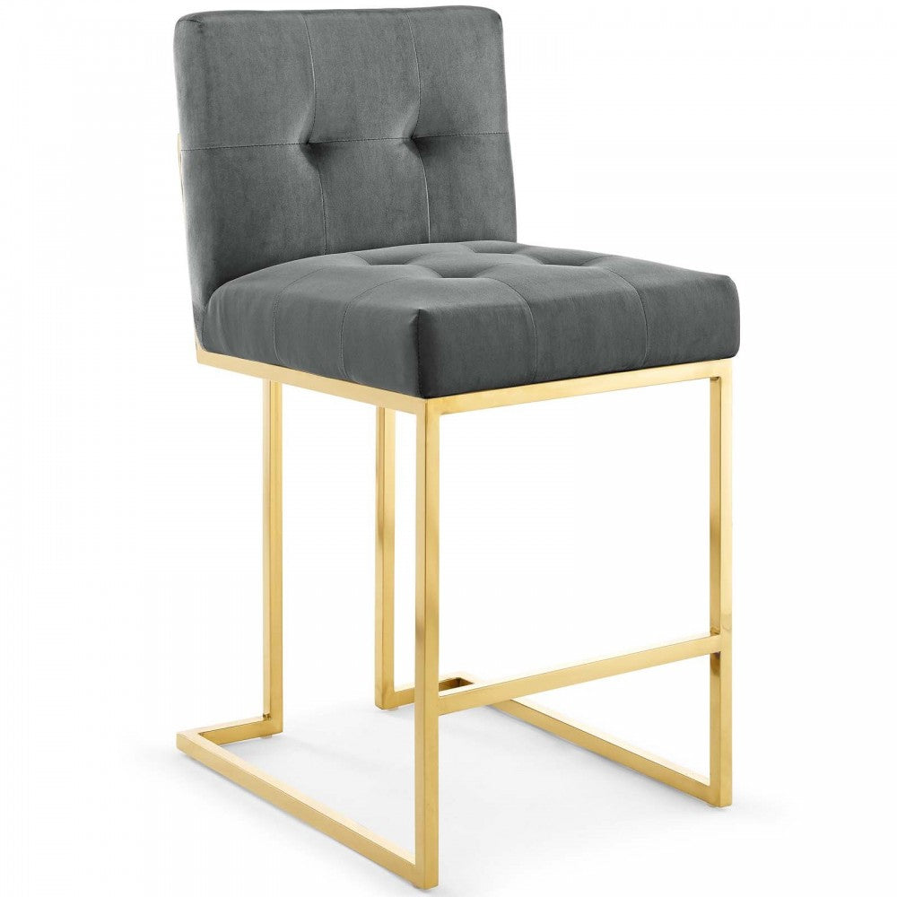 Privy Gold Stainless Steel Performance Velvet Counter Stool Set of 2, Gold Charcoal