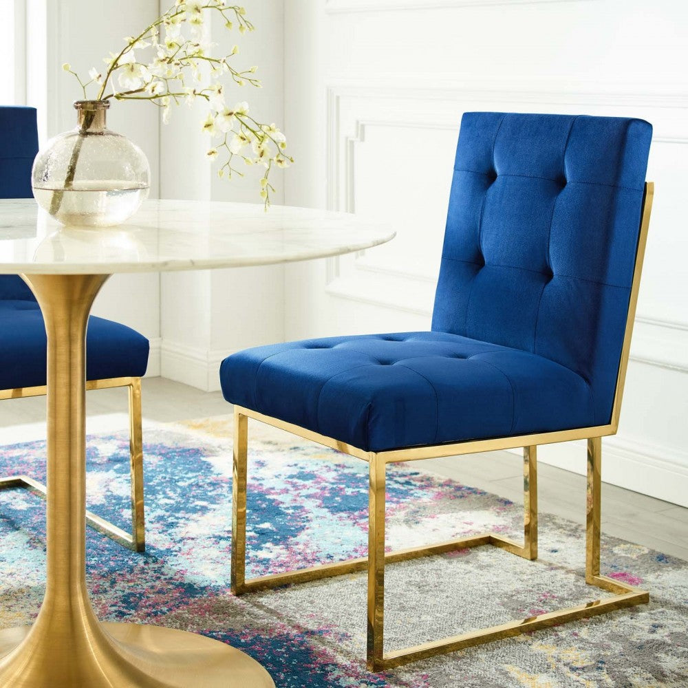 Privy Gold Stainless Steel Performance Velvet Dining Chair, Gold Navy