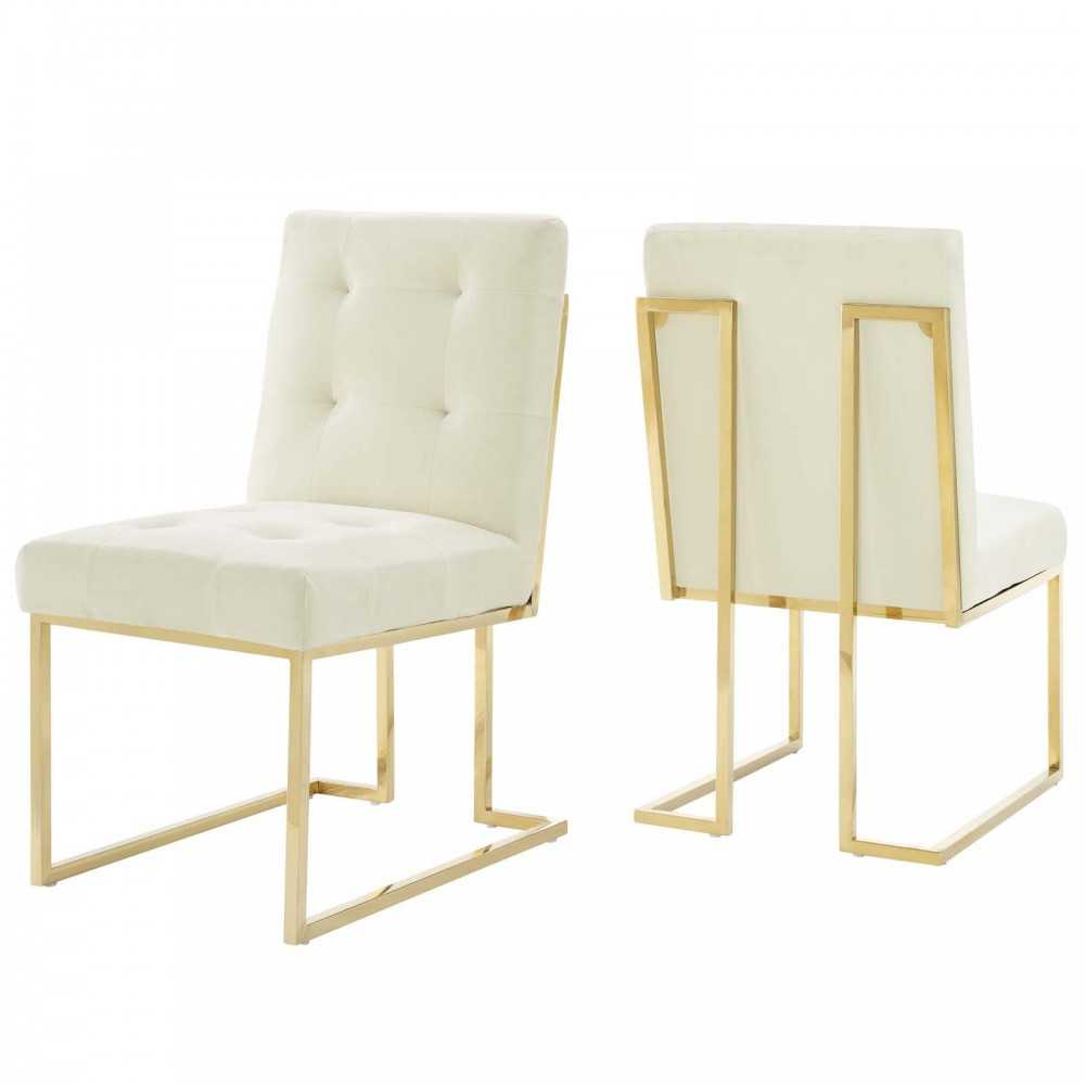 Privy Gold Stainless Steel Performance Velvet Dining Chair Set of 2, Gold Ivory