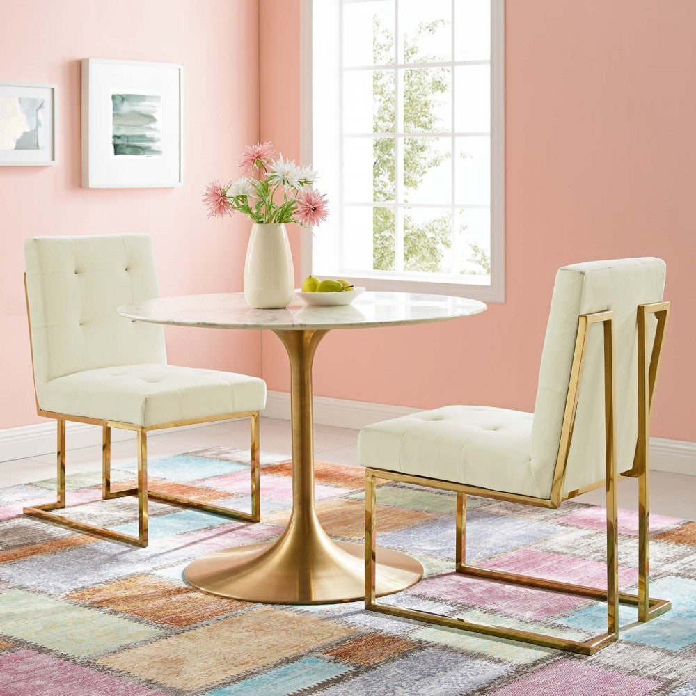 Privy Gold Stainless Steel Performance Velvet Dining Chair Set of 2, Gold Ivory