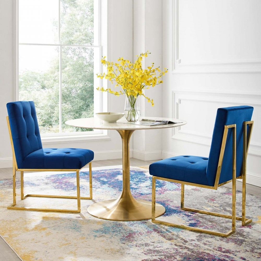 Privy Gold Stainless Steel Performance Velvet Dining Chair Set of 2, Gold Navy