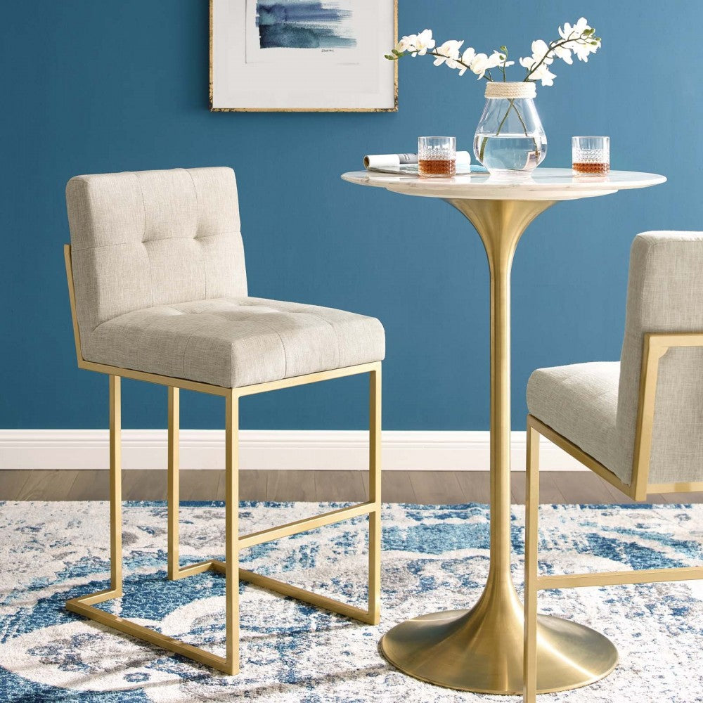 Privy Gold Stainless Steel Upholstered Fabric Bar Stool, Gold Beige