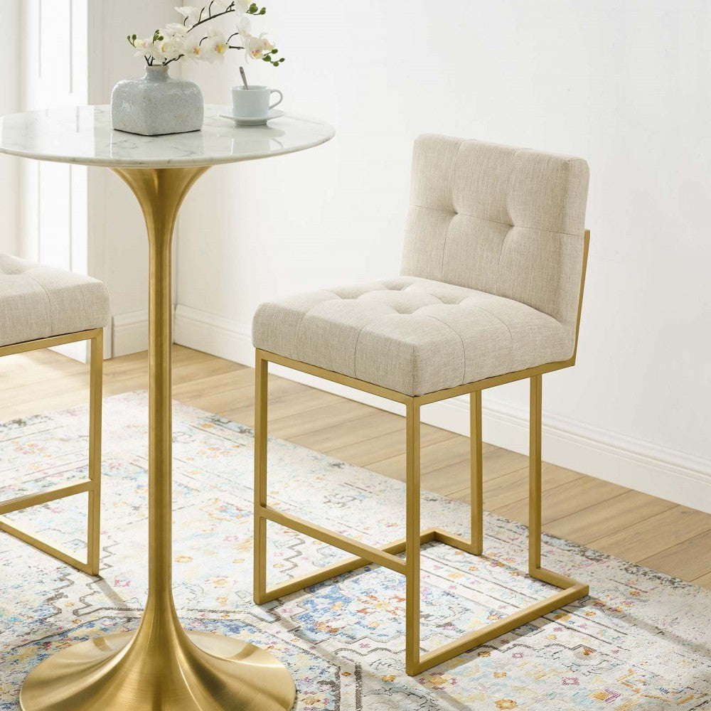 Privy Gold Stainless Steel Upholstered Fabric Counter Stool, Gold Beige