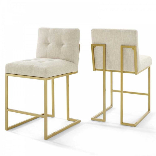 Privy Gold Stainless Steel Upholstered Fabric Counter Stool Set of 2, Gold Beige