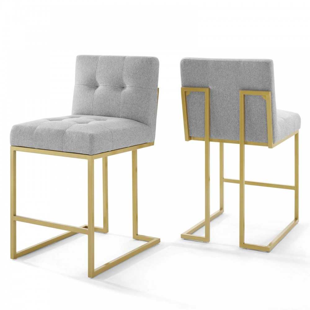 Privy Gold Stainless Steel Upholstered Fabric Counter Stool Set of 2, Gold Light Gray