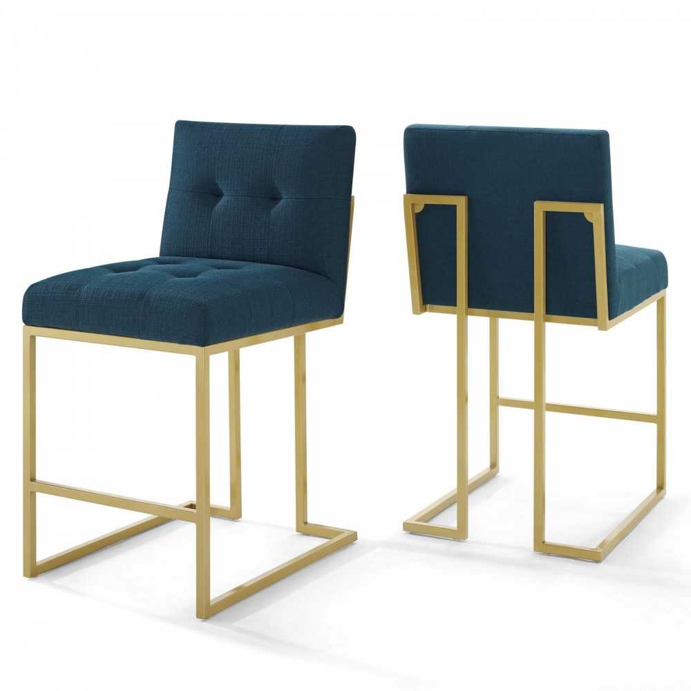 Privy Gold Stainless Steel Upholstered Fabric Counter Stool Set of 2, Gold Azure