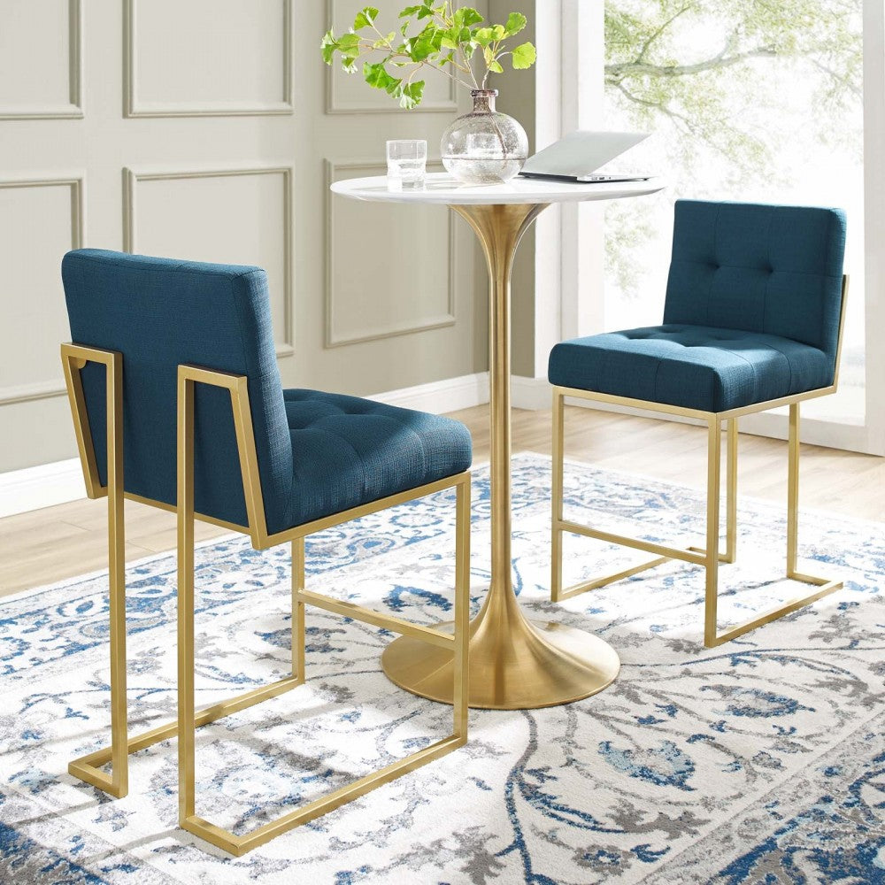 Privy Gold Stainless Steel Upholstered Fabric Counter Stool Set of 2, Gold Azure