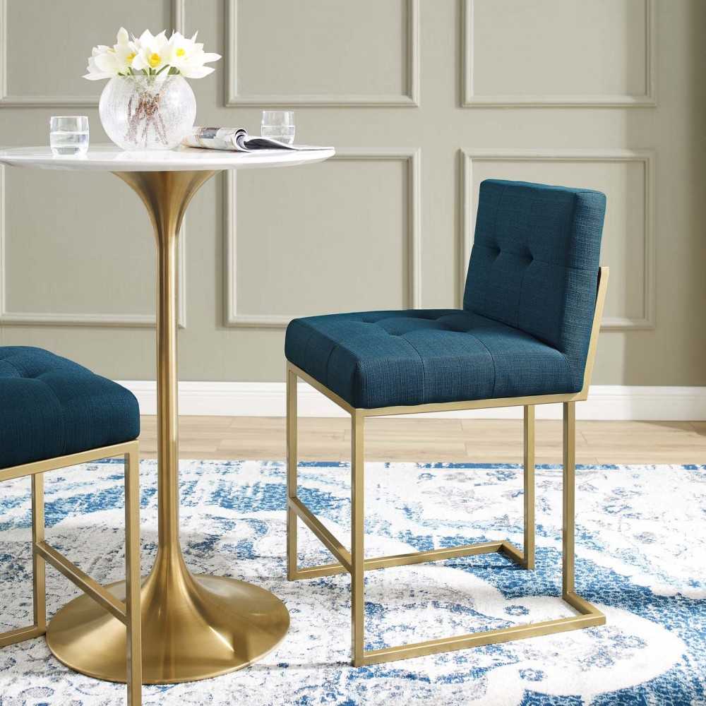 Privy Gold Stainless Steel Upholstered Fabric Counter Stool, Gold Azure