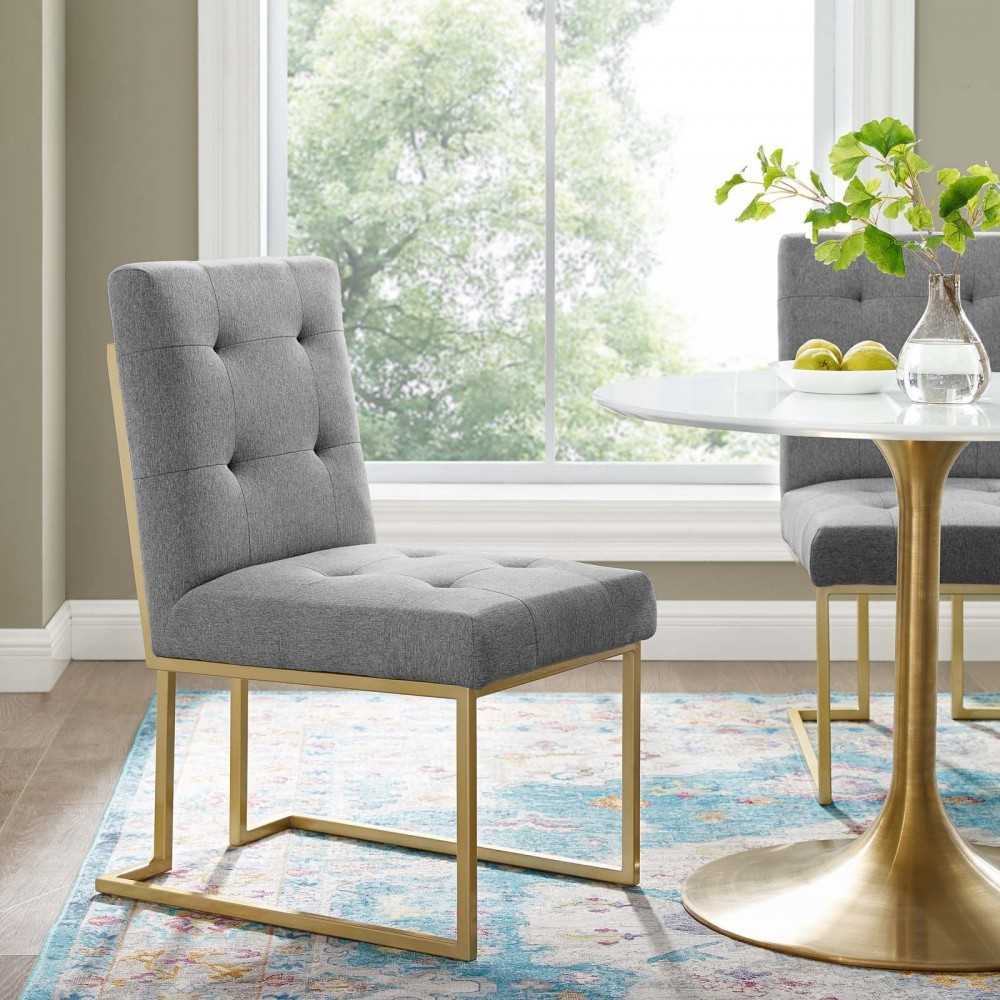 Privy Gold Stainless Steel Upholstered Fabric Dining Accent Chair, Gold Light Gray