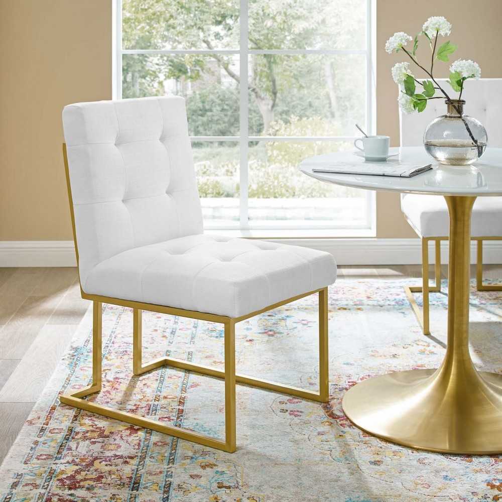 Privy Gold Stainless Steel Upholstered Fabric Dining Accent Chair, Gold White