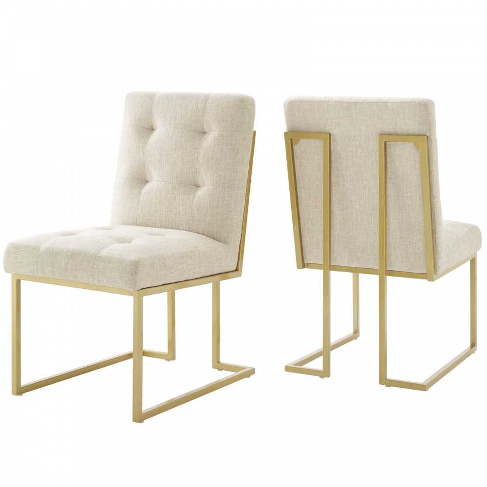 Privy Gold Stainless Steel Upholstered Fabric Dining Accent Chair Set of 2, Gold Beige