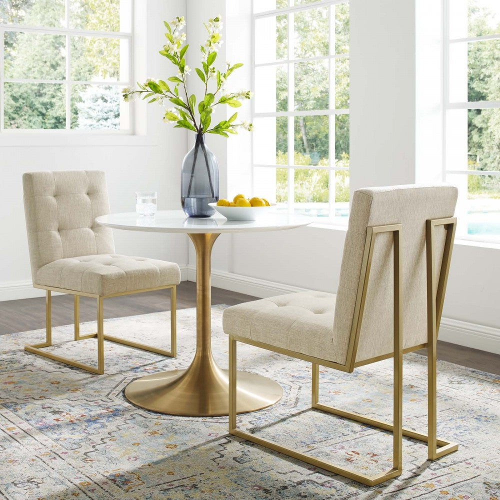 Privy Gold Stainless Steel Upholstered Fabric Dining Accent Chair Set of 2, Gold Beige