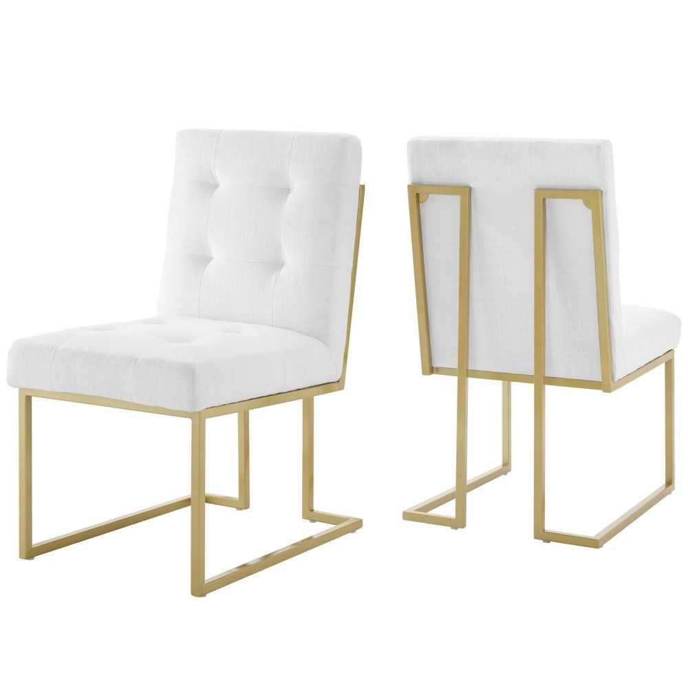 Privy Gold Stainless Steel Upholstered Fabric Dining Accent Chair Set of 2, Gold White