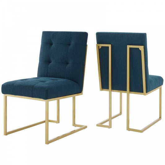 Privy Gold Stainless Steel Upholstered Fabric Dining Accent Chair Set of 2, Gold Azure