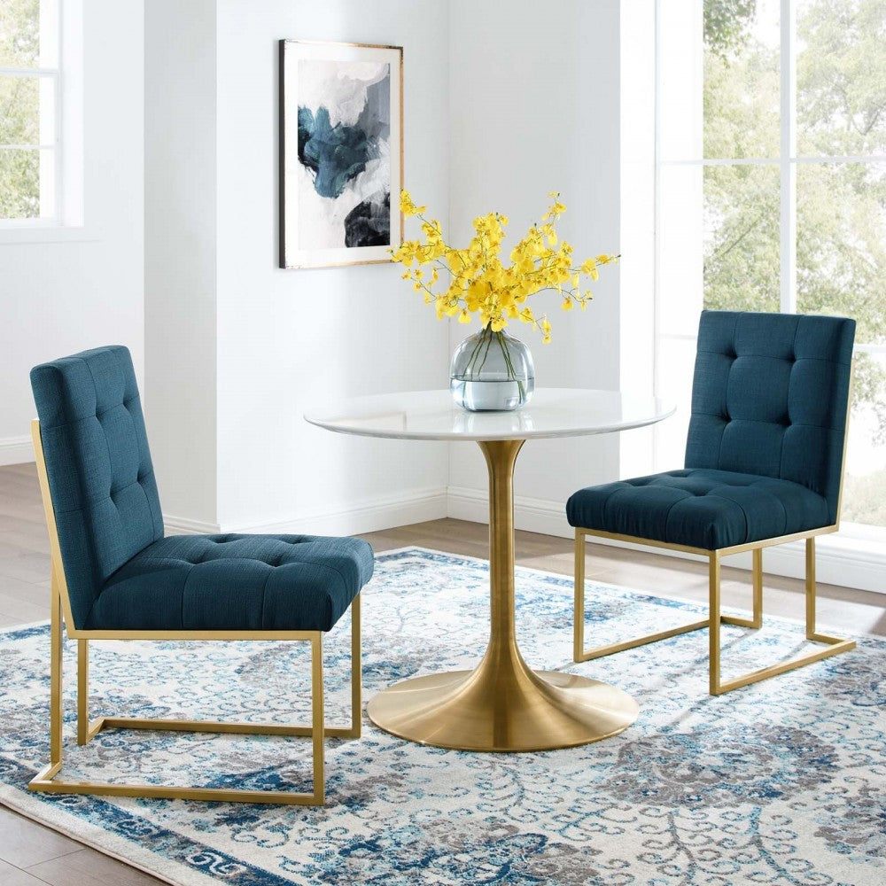 Privy Gold Stainless Steel Upholstered Fabric Dining Accent Chair Set of 2, Gold Azure