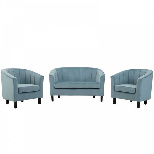 Prospect Channel Tufted 3 Piece Performance Velvet Set, Light Blue