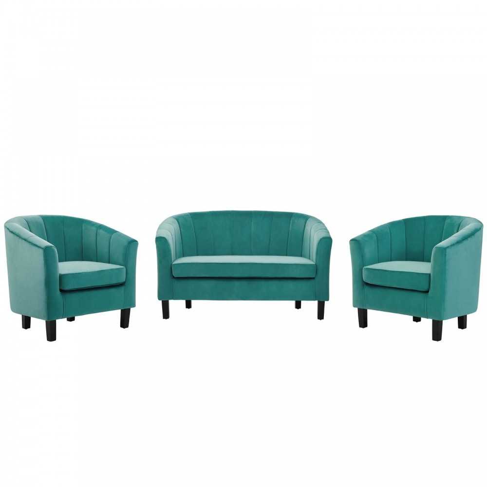 Prospect Channel Tufted 3 Piece Performance Velvet Set, Teal