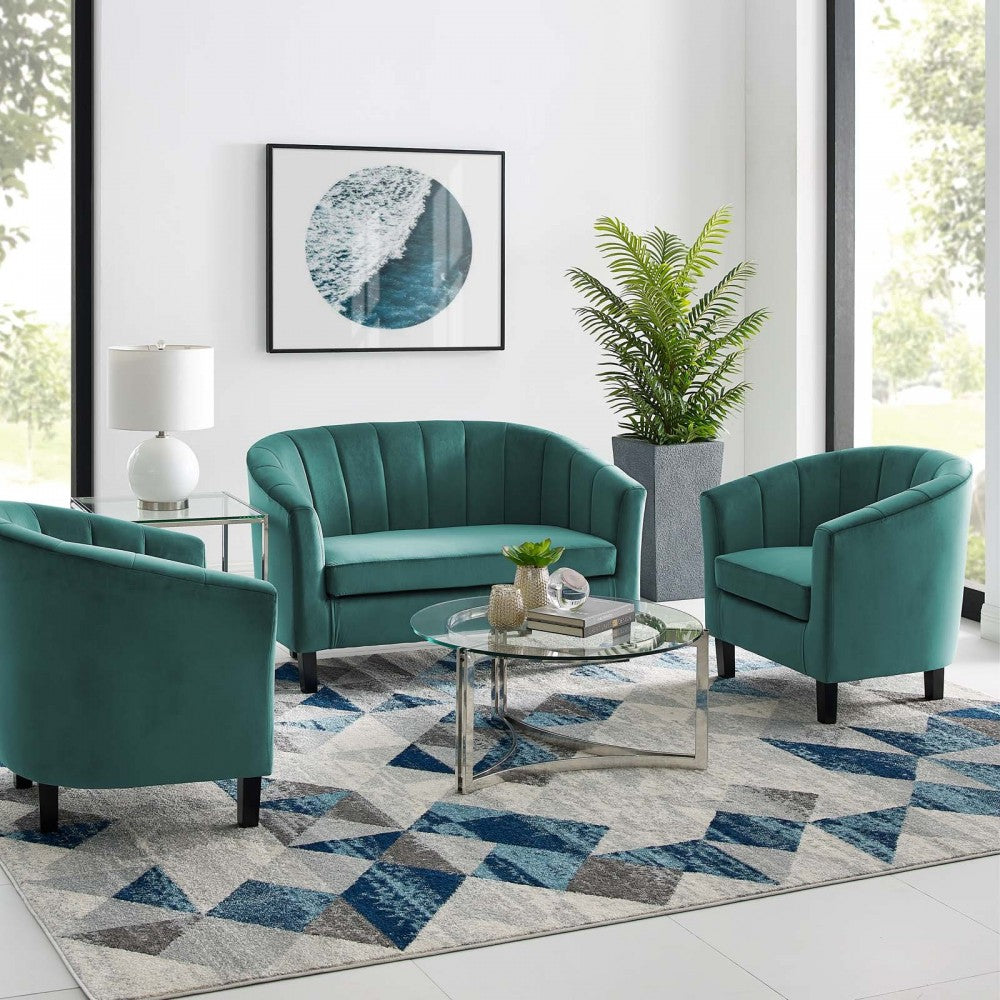 Prospect Channel Tufted 3 Piece Performance Velvet Set, Teal