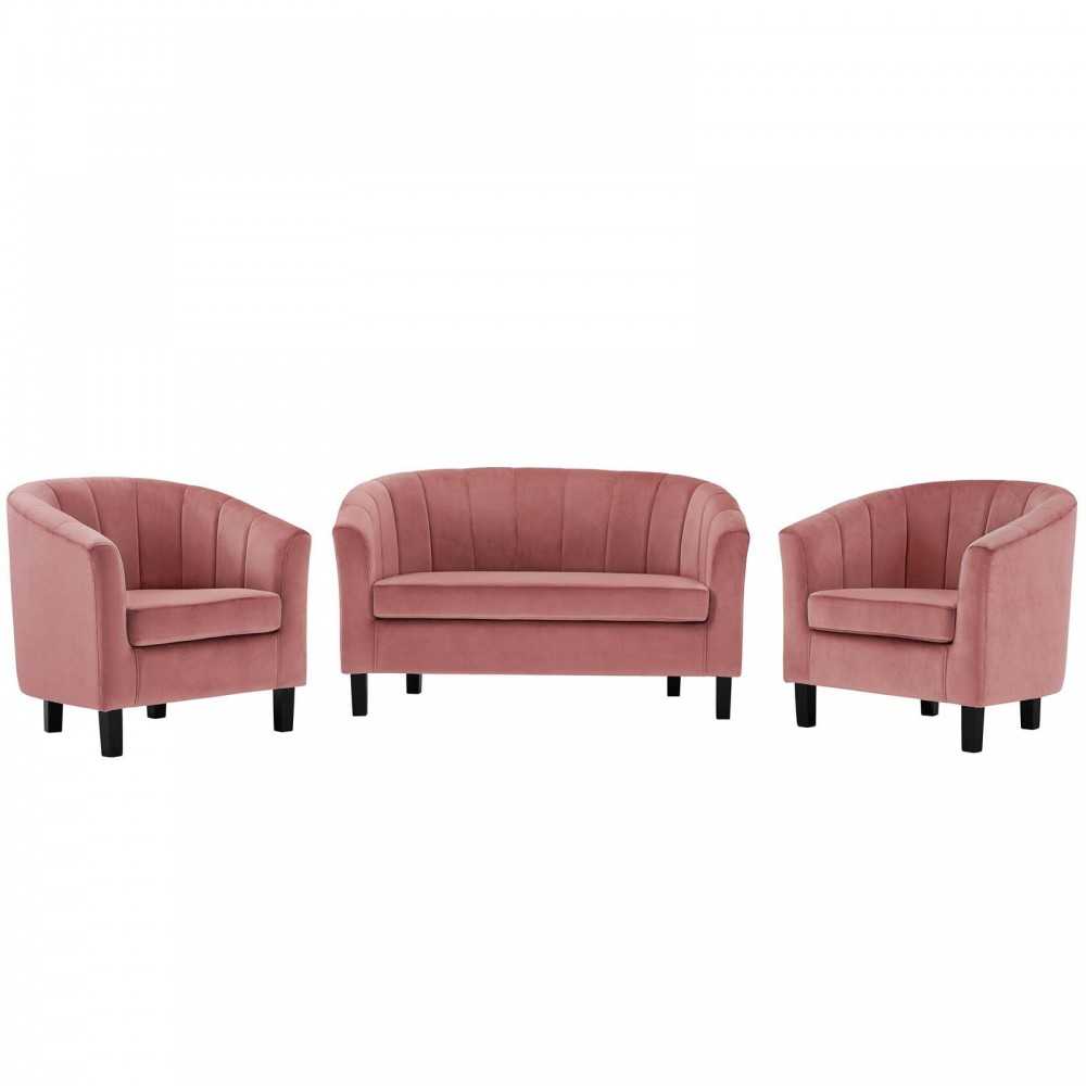 Prospect Channel Tufted 3 Piece Performance Velvet Set, Dusty Rose