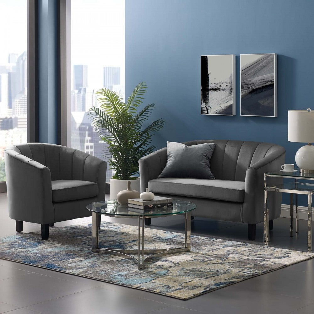 Prospect Channel Tufted Performance Velvet Loveseat and Armchair Set, Gray