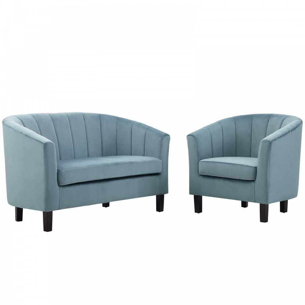Prospect Channel Tufted Performance Velvet Loveseat and Armchair Set, Light Blue