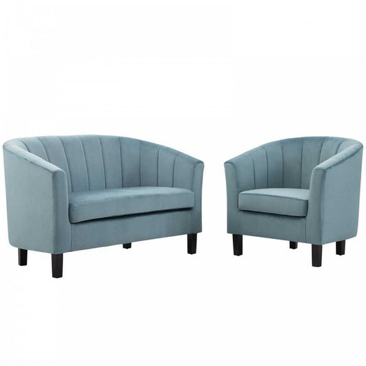 Prospect Channel Tufted Performance Velvet Loveseat and Armchair Set, Light Blue