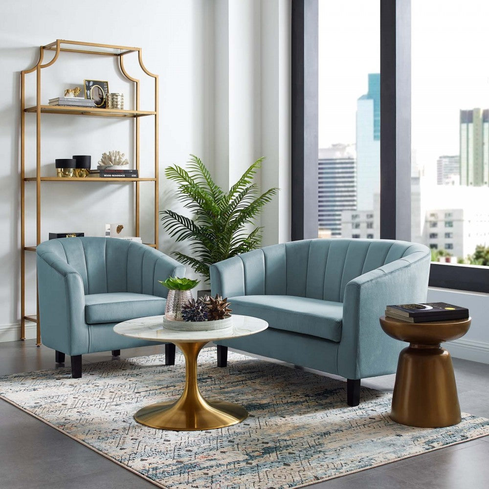 Prospect Channel Tufted Performance Velvet Loveseat and Armchair Set, Light Blue