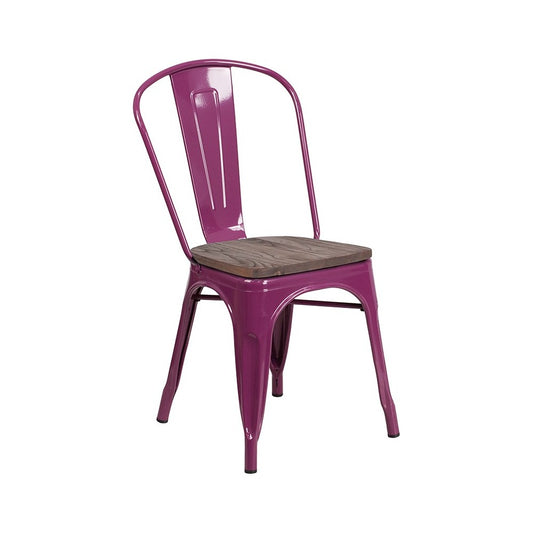 Purple Metal Stackable Chair with Wood Seat