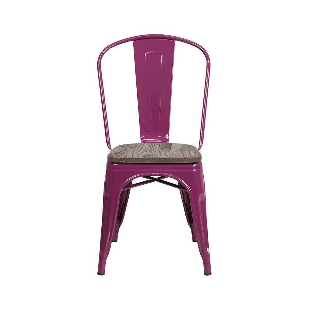 Purple Metal Stackable Chair with Wood Seat